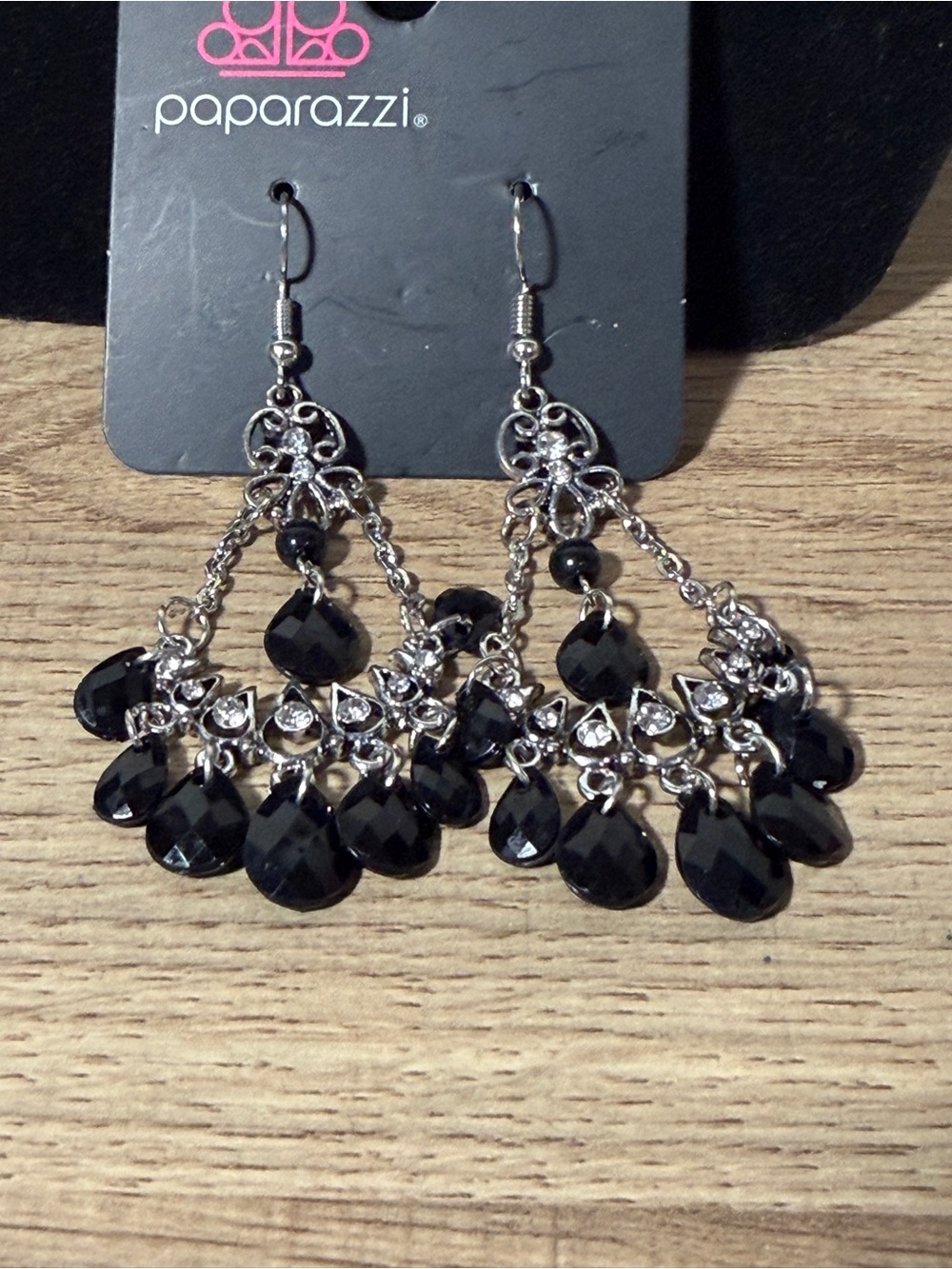 paparazzi Silver-Tone Chandelier Earrings with Black Teardrops